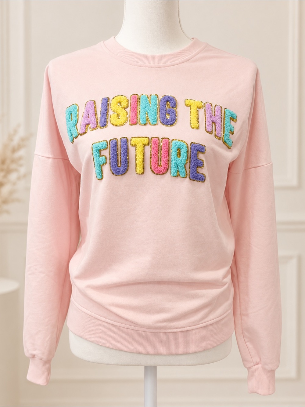 Simply Southern Pink 'Raising The Future' Chenille Letter Crewneck S sweater